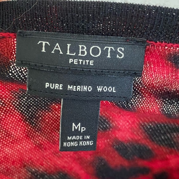 Talbots M P 100% Merino Wool Sweater Cardigan Cheetah Print Red Button Front - Picture 3 of 11